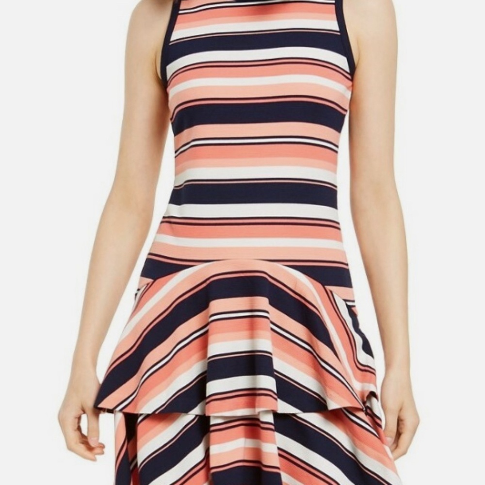 Michael Kors Coral Peach Ottoman Striped Flounce Hem Sleeveless Dress Size P